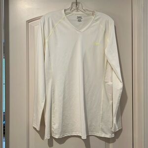 Reebok White Vneck Long Sleeve Work out Shirt Exercise Bike Hike Outdoor Size XL